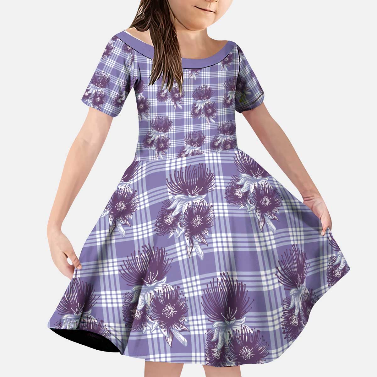 Purple Palaka Hawaii Kid Short Sleeve Dress Hawaiian Lehua Blossoms