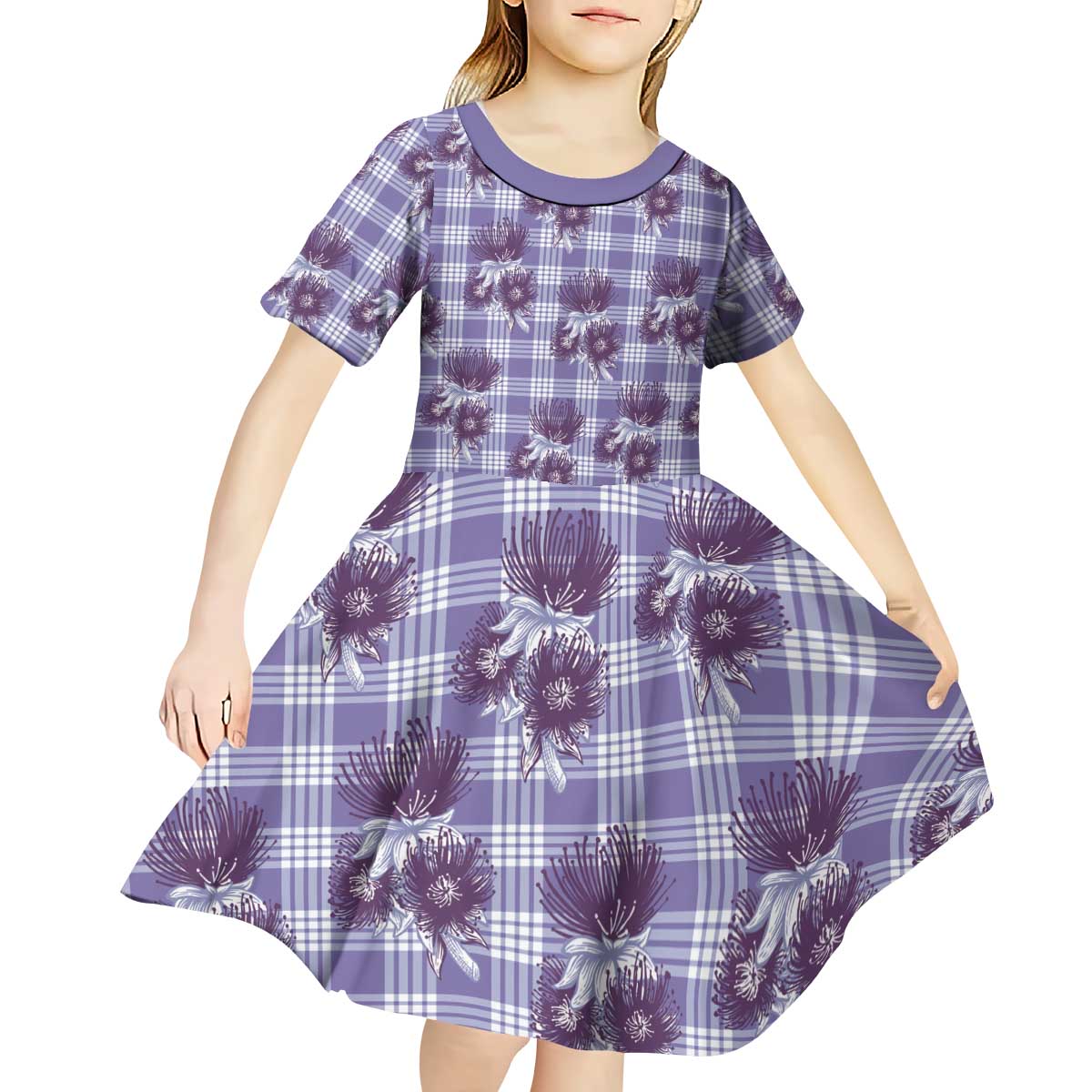 Purple Palaka Hawaii Kid Short Sleeve Dress Hawaiian Lehua Blossoms