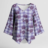Purple Palaka Hawaii Kimono Sleeve Blouse Hawaiian Lehua Blossoms