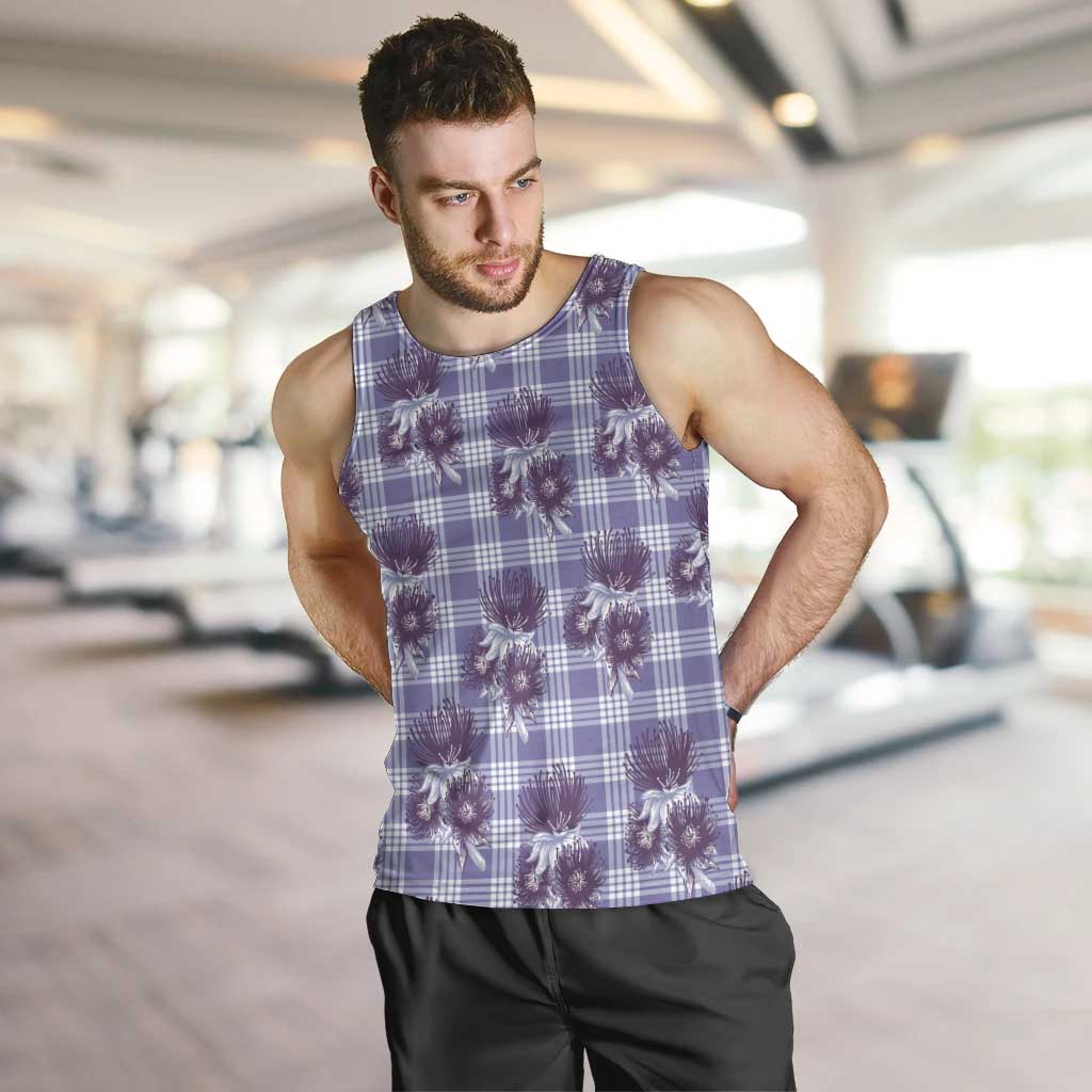 Purple Palaka Hawaii Men Tank Top Hawaiian Lehua Blossoms