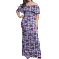 Purple Palaka Hawaii Off Shoulder Maxi Dress Hawaiian Lehua Blossoms