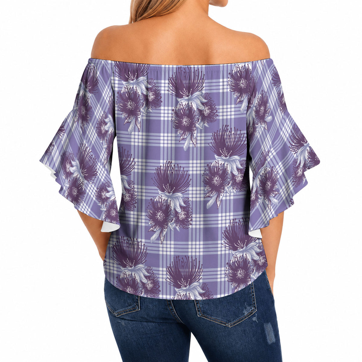 Purple Palaka Hawaii Off Shoulder Wrap Waist Top Hawaiian Lehua Blossoms LT05 - Polynesian Pride
