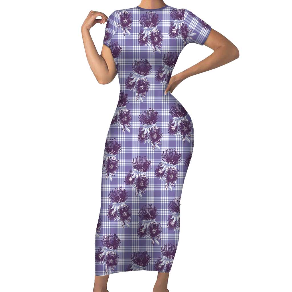 Purple Palaka Hawaii Short Sleeve Bodycon Dress Hawaiian Lehua Blossoms