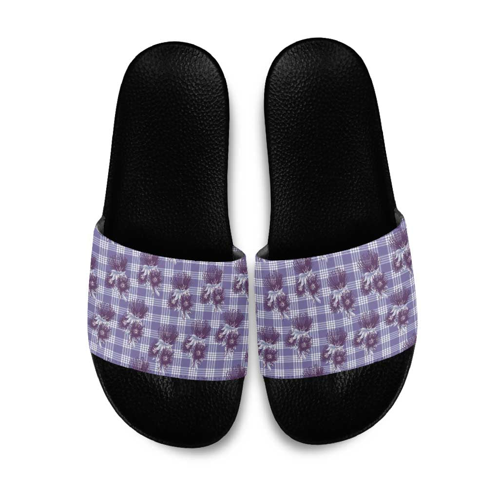 Purple Palaka Hawaii Slide Sandals Hawaiian Lehua Blossoms