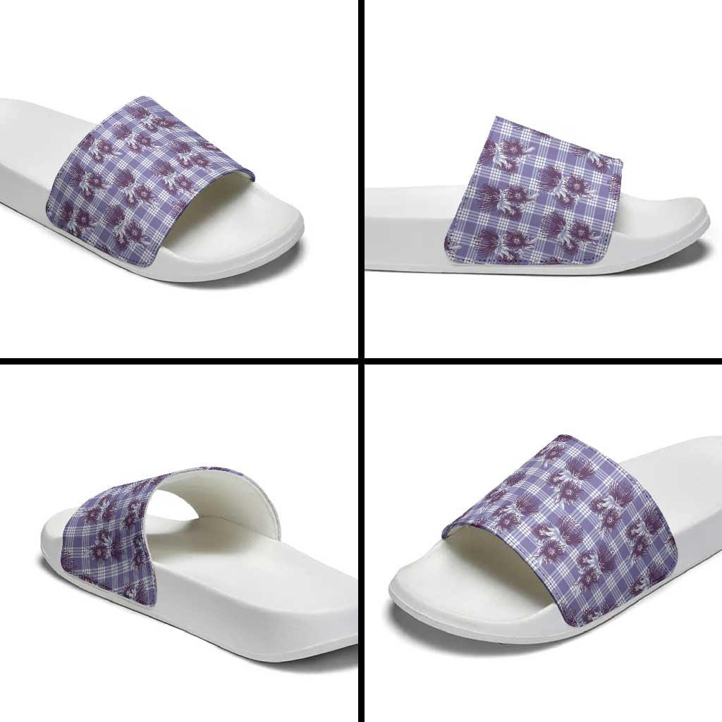 Purple Palaka Hawaii Slide Sandals Hawaiian Lehua Blossoms