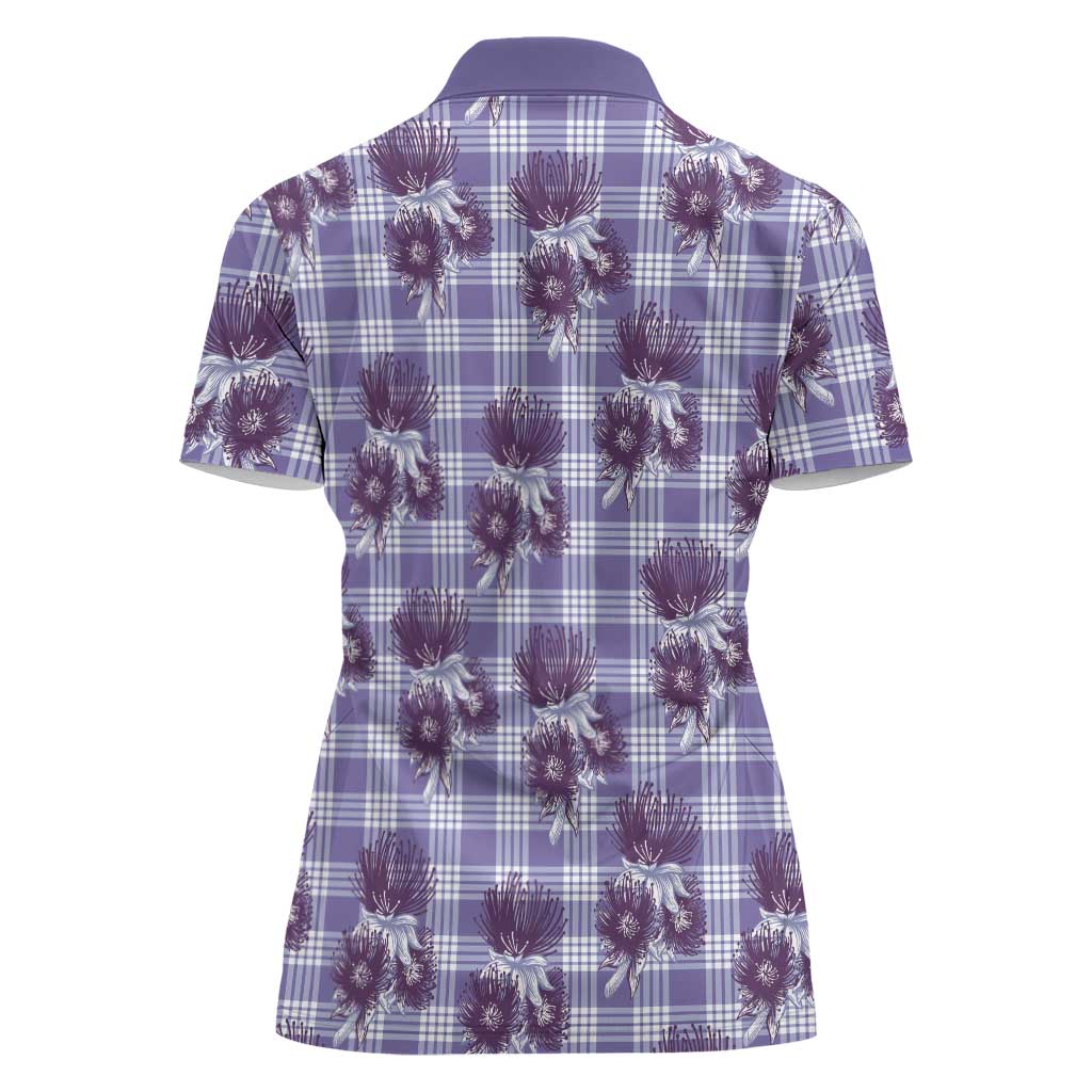 Purple Palaka Hawaii Women Polo Shirt Hawaiian Lehua Blossoms