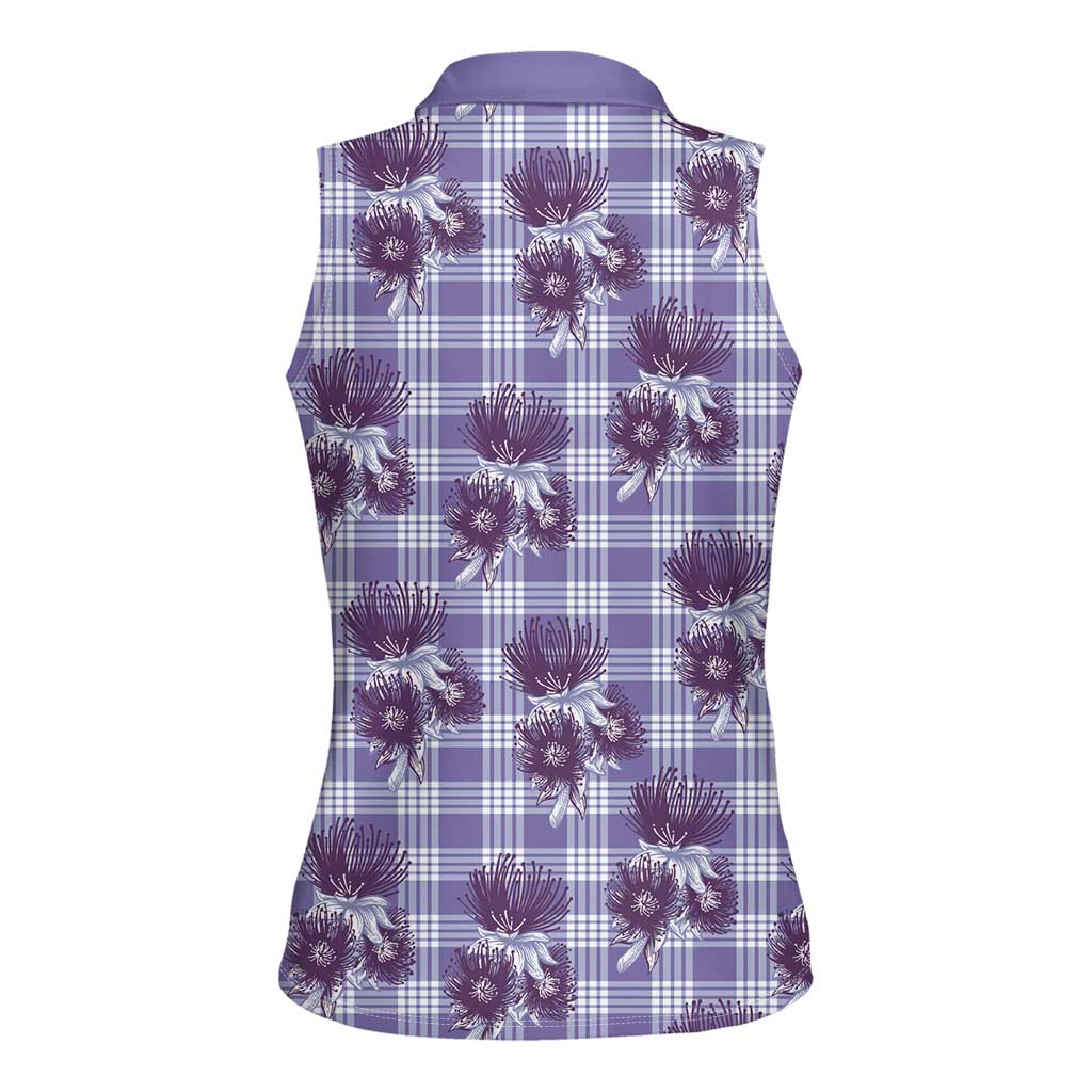 Purple Palaka Hawaii Women Sleeveless Polo Shirt Hawaiian Lehua Blossoms