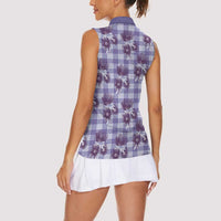 Purple Palaka Hawaii Women Sleeveless Polo Shirt Hawaiian Lehua Blossoms