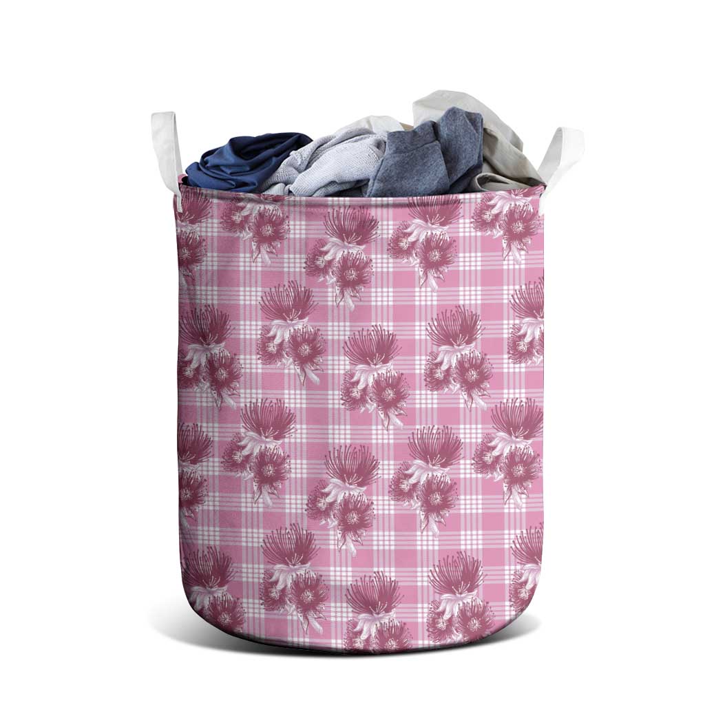 Pink Palaka Hawaii Laundry Basket Hawaiian Lehua Blossoms