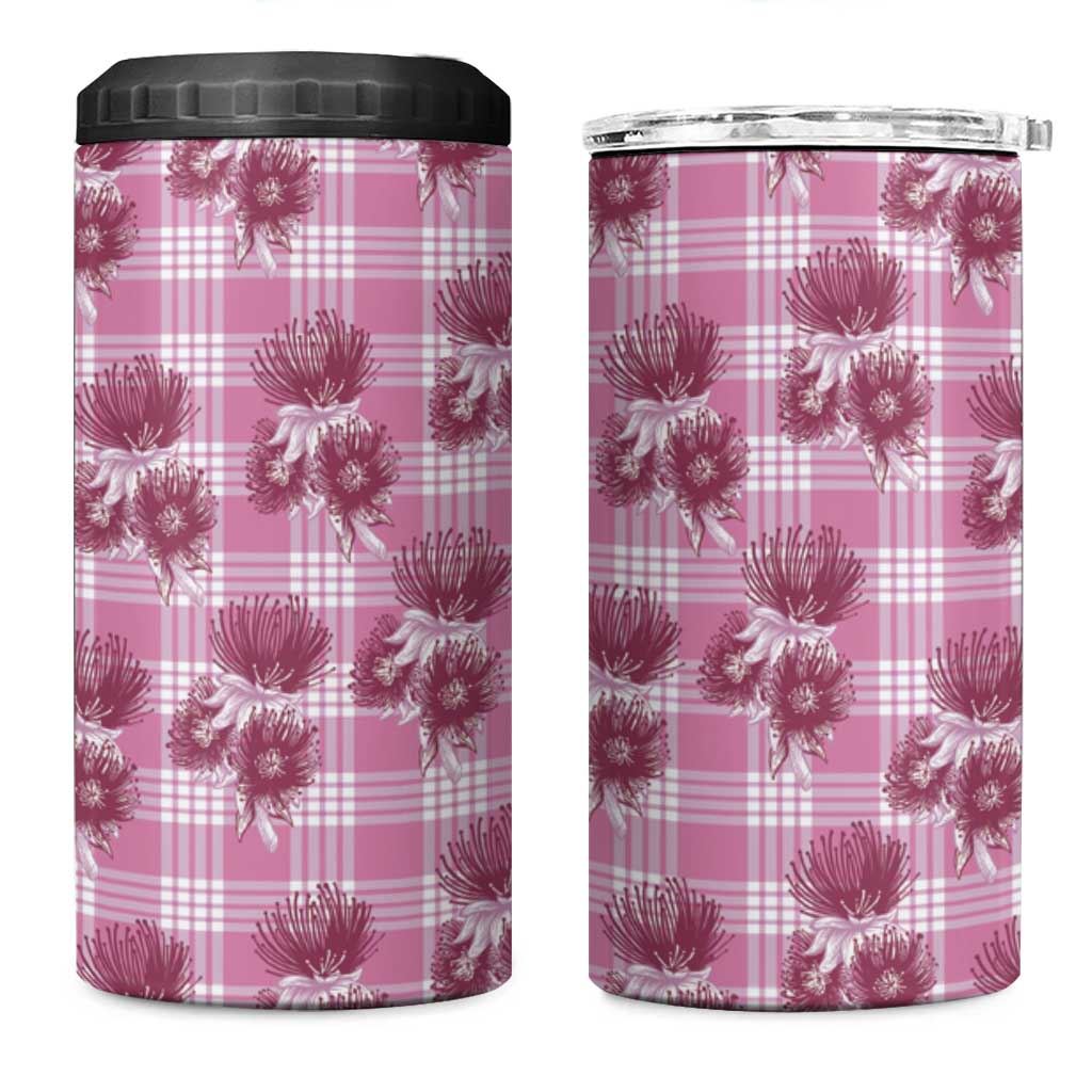 Pink Palaka Hawaii 4 in 1 Can Cooler Tumbler Hawaiian Lehua Blossoms