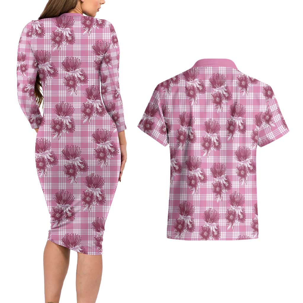 Pink Palaka Hawaii Couples Matching Long Sleeve Bodycon Dress and Hawaiian Shirt Hawaiian Lehua Blossoms LT05 - Polynesian Pride
