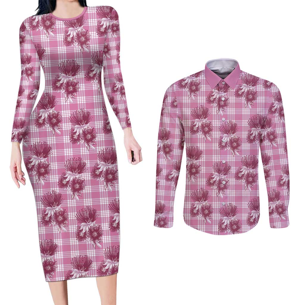 Pink Palaka Hawaii Couples Matching Long Sleeve Bodycon Dress and Long Sleeve Button Shirt Hawaiian Lehua Blossoms