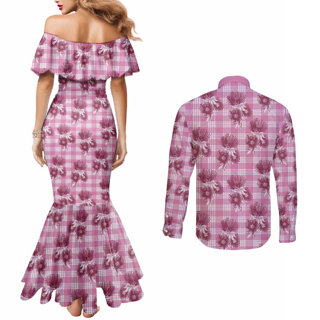 Pink Palaka Hawaii Couples Matching Mermaid Dress and Long Sleeve Button Shirt Hawaiian Lehua Blossoms