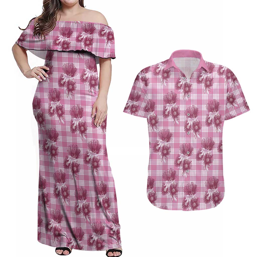 Pink Palaka Hawaii Couples Matching Off Shoulder Maxi Dress and Hawaiian Shirt Hawaiian Lehua Blossoms