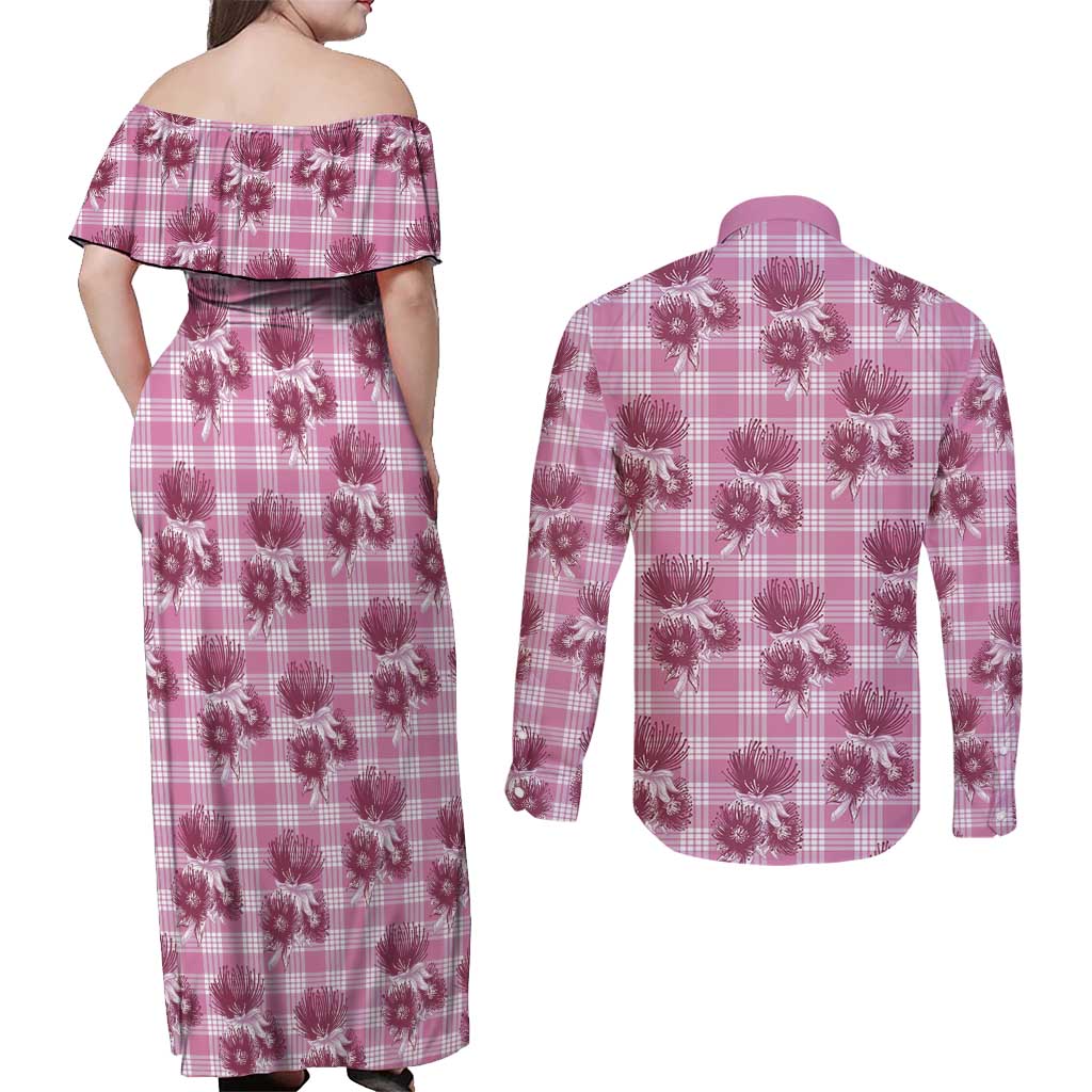 Pink Palaka Hawaii Couples Matching Off Shoulder Maxi Dress and Long Sleeve Button Shirt Hawaiian Lehua Blossoms