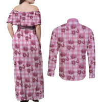 Pink Palaka Hawaii Couples Matching Off Shoulder Maxi Dress and Long Sleeve Button Shirt Hawaiian Lehua Blossoms