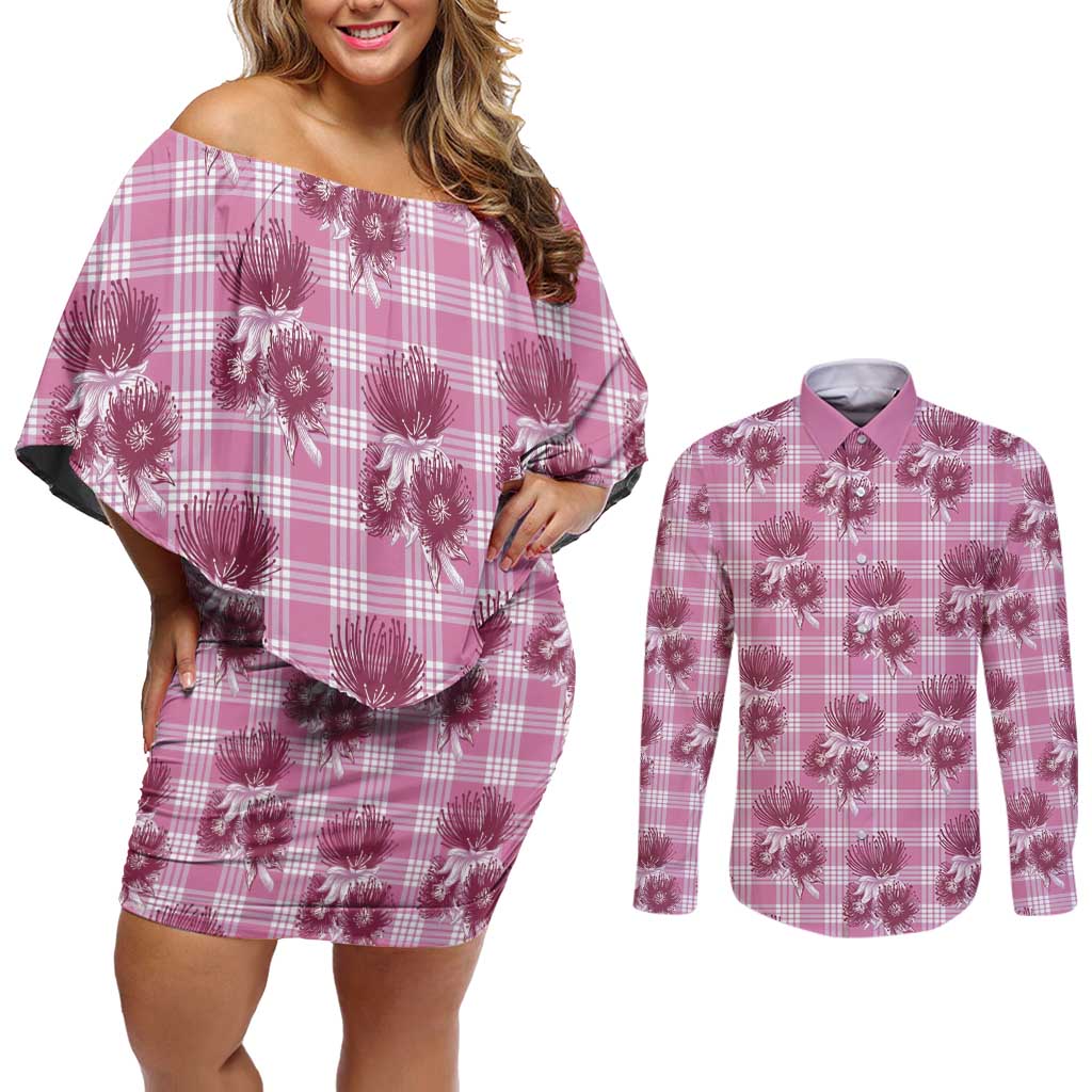 Pink Palaka Hawaii Couples Matching Off Shoulder Short Dress and Long Sleeve Button Shirt Hawaiian Lehua Blossoms