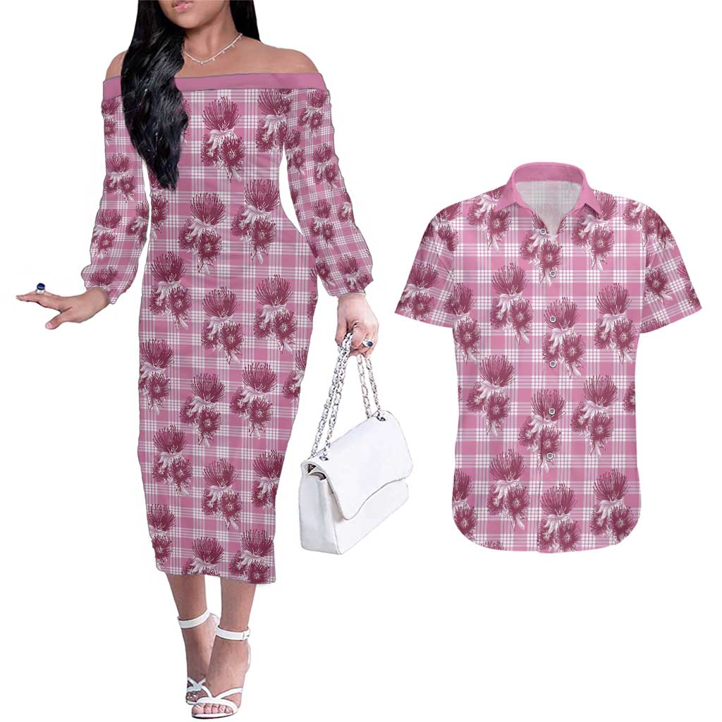Pink Palaka Hawaii Couples Matching Off The Shoulder Long Sleeve Dress and Hawaiian Shirt Hawaiian Lehua Blossoms LT05 Pink - Polynesian Pride