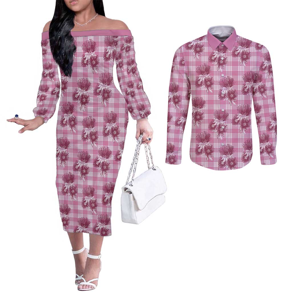 Pink Palaka Hawaii Couples Matching Off The Shoulder Long Sleeve Dress and Long Sleeve Button Shirt Hawaiian Lehua Blossoms