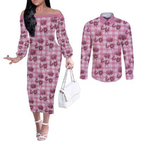 Pink Palaka Hawaii Couples Matching Off The Shoulder Long Sleeve Dress and Long Sleeve Button Shirt Hawaiian Lehua Blossoms