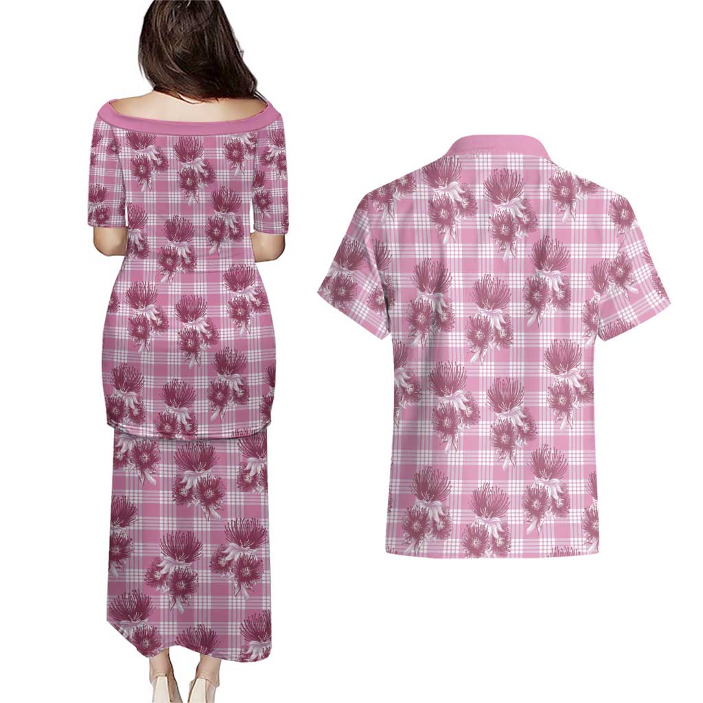 Pink Palaka Hawaii Couples Matching Puletasi and Hawaiian Shirt Hawaiian Lehua Blossoms