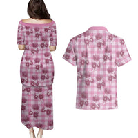 Pink Palaka Hawaii Couples Matching Puletasi and Hawaiian Shirt Hawaiian Lehua Blossoms
