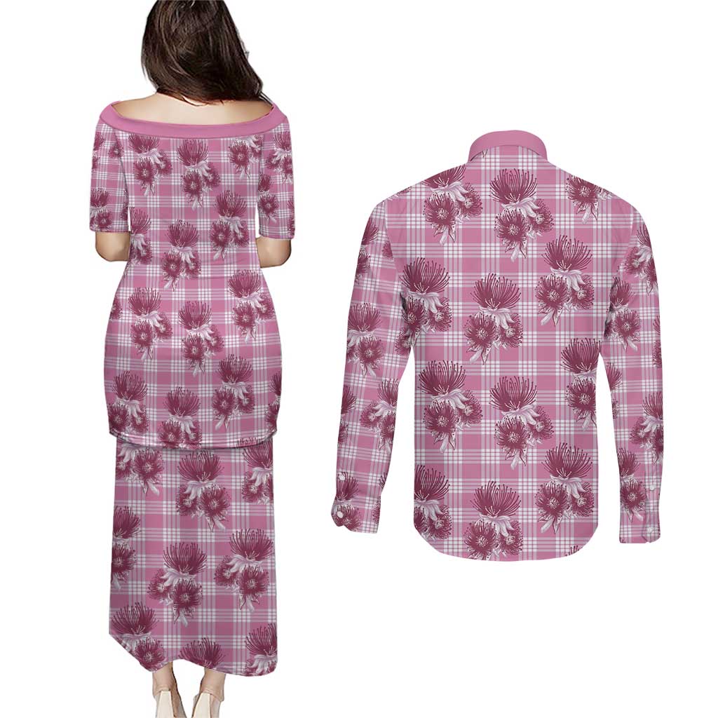 Pink Palaka Hawaii Couples Matching Puletasi and Long Sleeve Button Shirt Hawaiian Lehua Blossoms