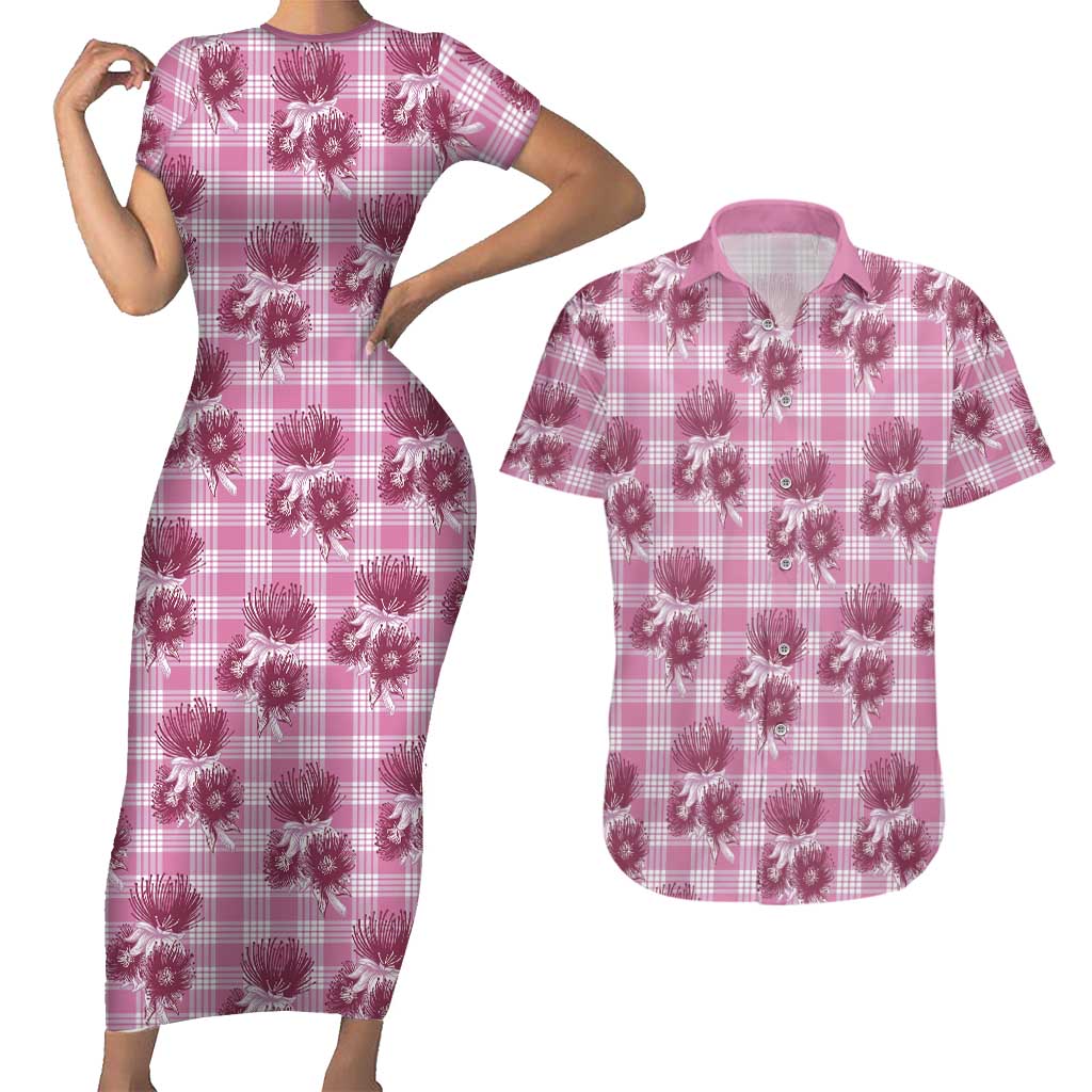 Pink Palaka Hawaii Couples Matching Short Sleeve Bodycon Dress and Hawaiian Shirt Hawaiian Lehua Blossoms LT05 Pink - Polynesian Pride