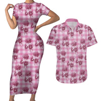 Pink Palaka Hawaii Couples Matching Short Sleeve Bodycon Dress and Hawaiian Shirt Hawaiian Lehua Blossoms LT05 Pink - Polynesian Pride