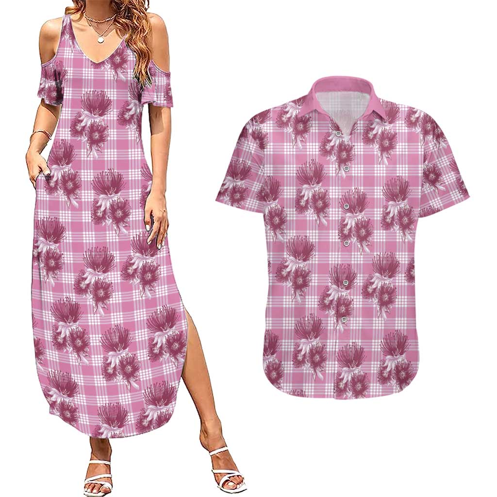 Pink Palaka Hawaii Couples Matching Summer Maxi Dress and Hawaiian Shirt Hawaiian Lehua Blossoms