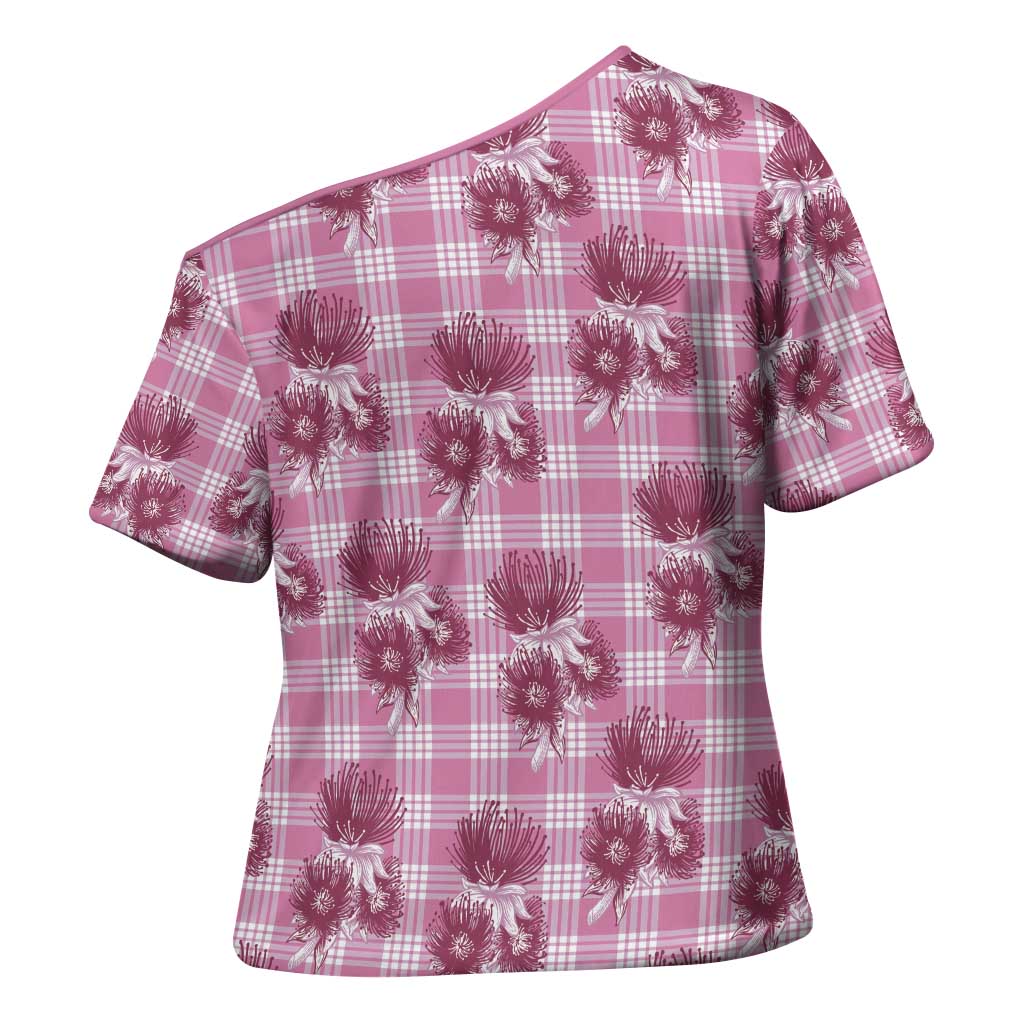 Pink Palaka Hawaii Cross Shoulder Shirt Hawaiian Lehua Blossoms