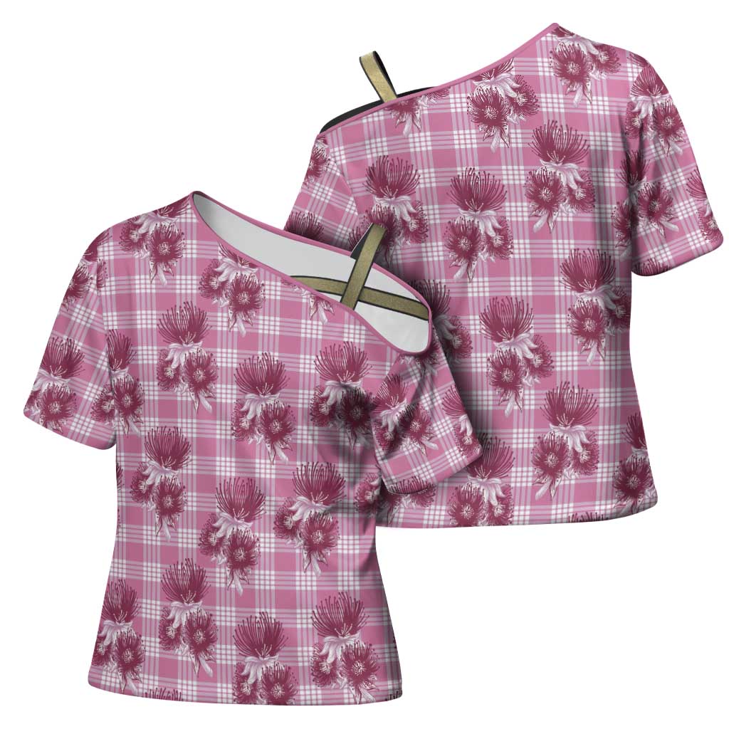 Pink Palaka Hawaii Cross Shoulder Shirt Hawaiian Lehua Blossoms
