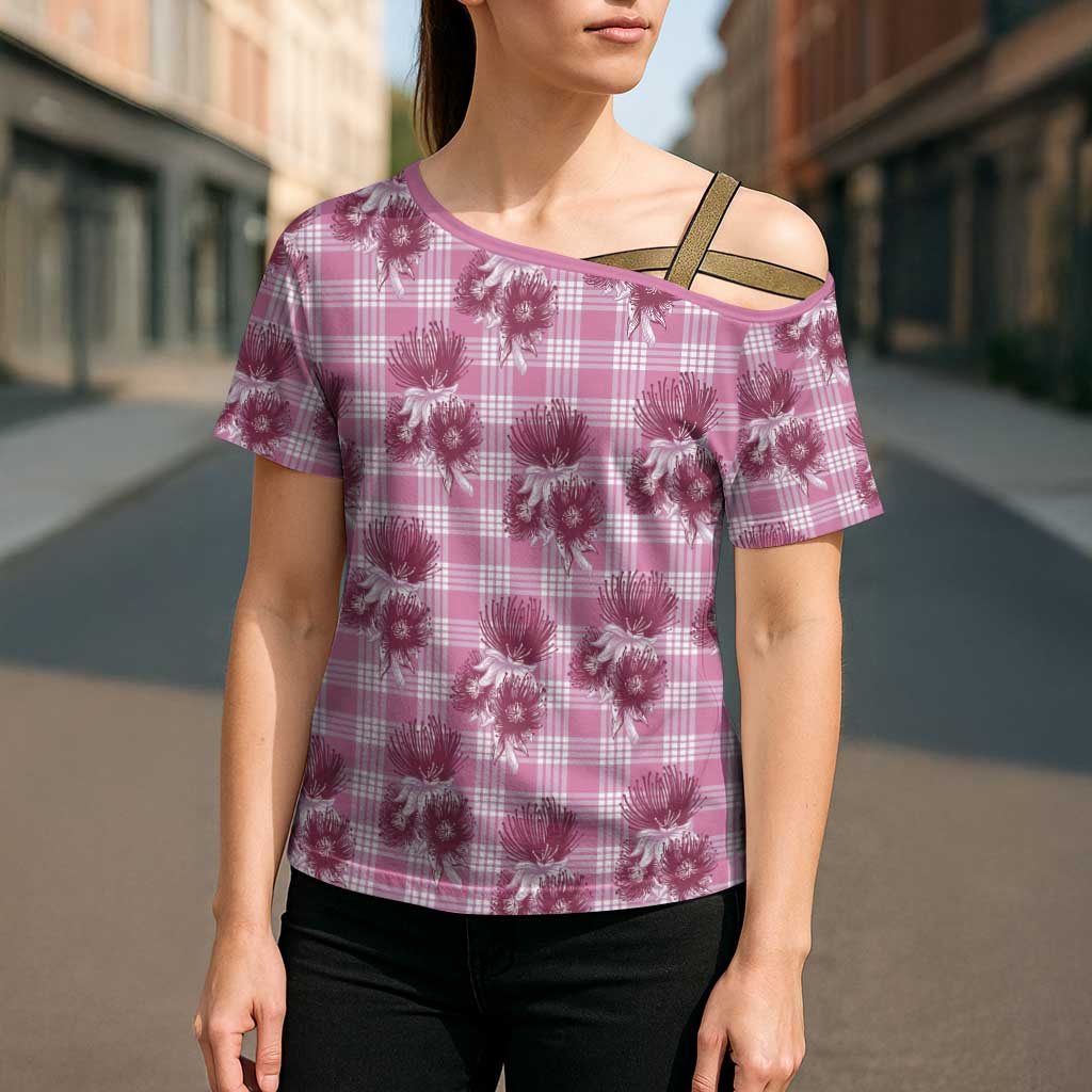 Pink Palaka Hawaii Cross Shoulder Shirt Hawaiian Lehua Blossoms