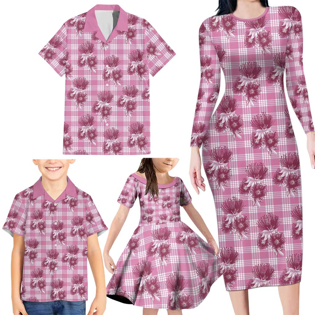 Pink Palaka Hawaii Family Matching Long Sleeve Bodycon Dress and Hawaiian Shirt Hawaiian Lehua Blossoms