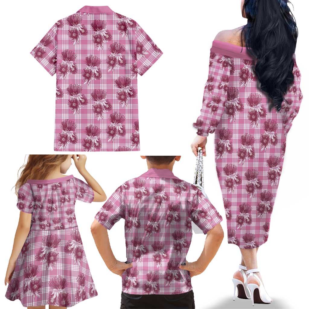 Pink Palaka Hawaii Family Matching Off The Shoulder Long Sleeve Dress and Hawaiian Shirt Hawaiian Lehua Blossoms LT05 - Polynesian Pride