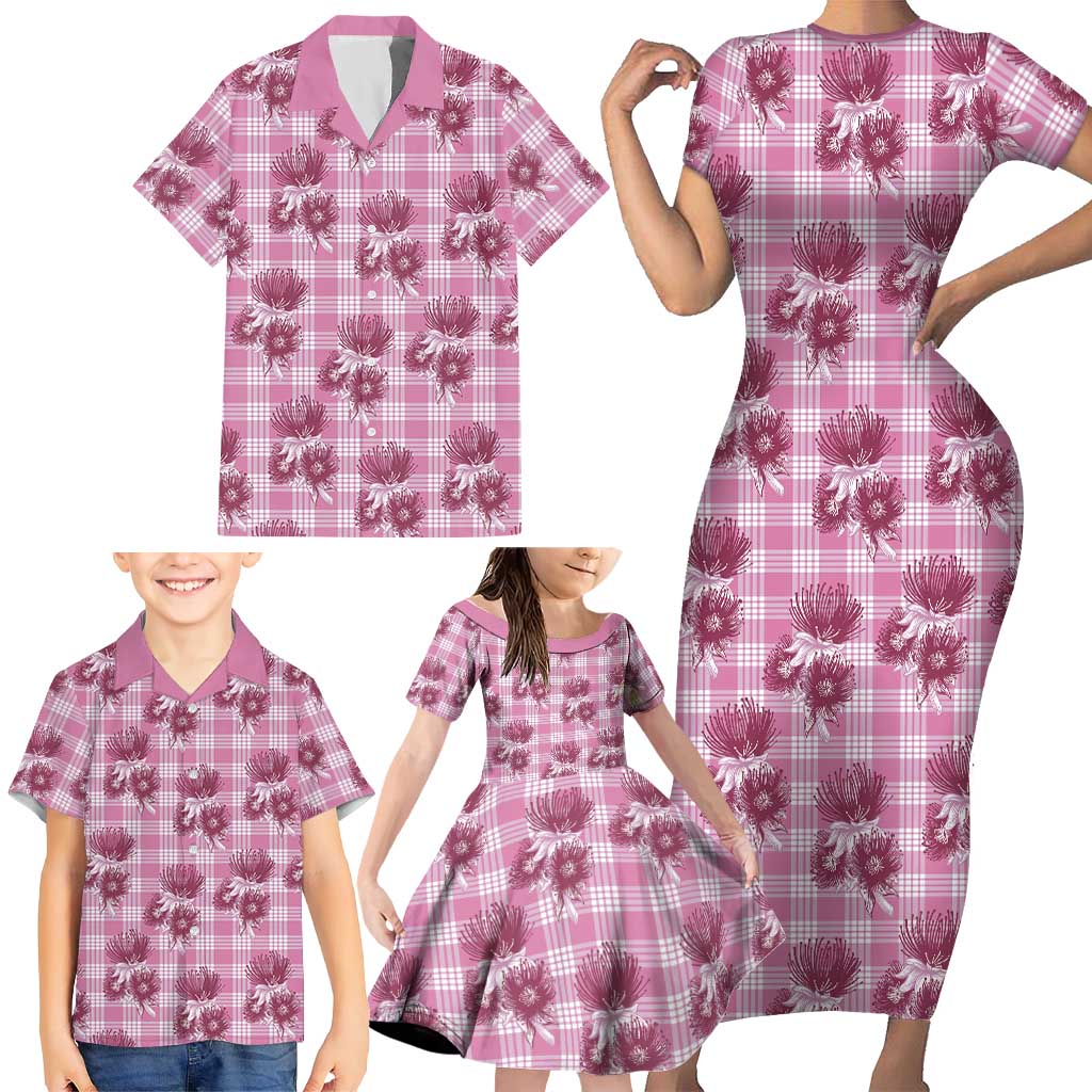 Pink Palaka Hawaii Family Matching Short Sleeve Bodycon Dress and Hawaiian Shirt Hawaiian Lehua Blossoms LT05 - Polynesian Pride