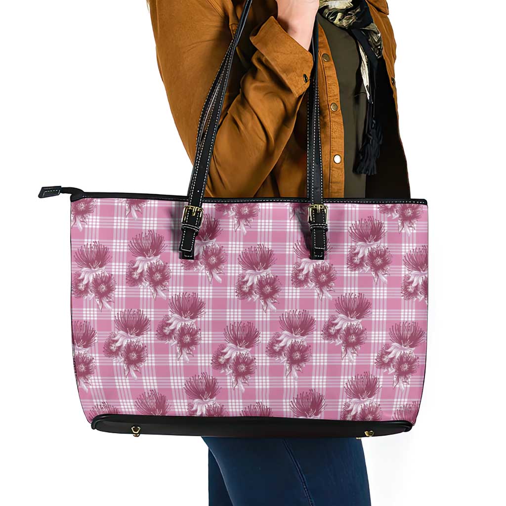 Pink Palaka Hawaii Leather Tote Bag Hawaiian Lehua Blossoms