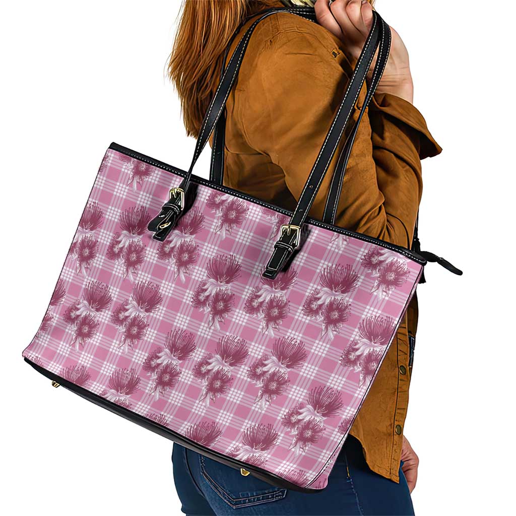 Pink Palaka Hawaii Leather Tote Bag Hawaiian Lehua Blossoms