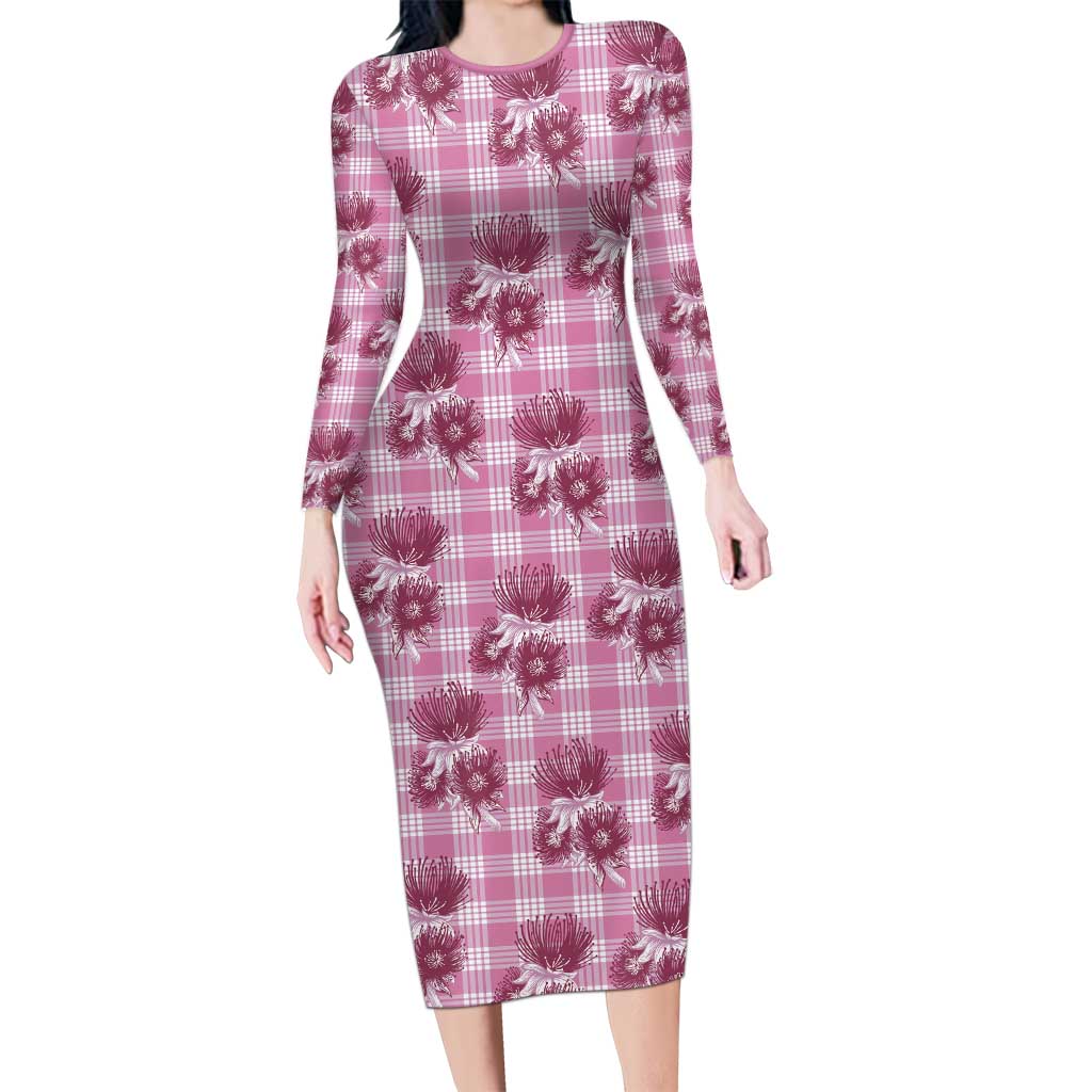 Pink Palaka Hawaii Long Sleeve Bodycon Dress Hawaiian Lehua Blossoms