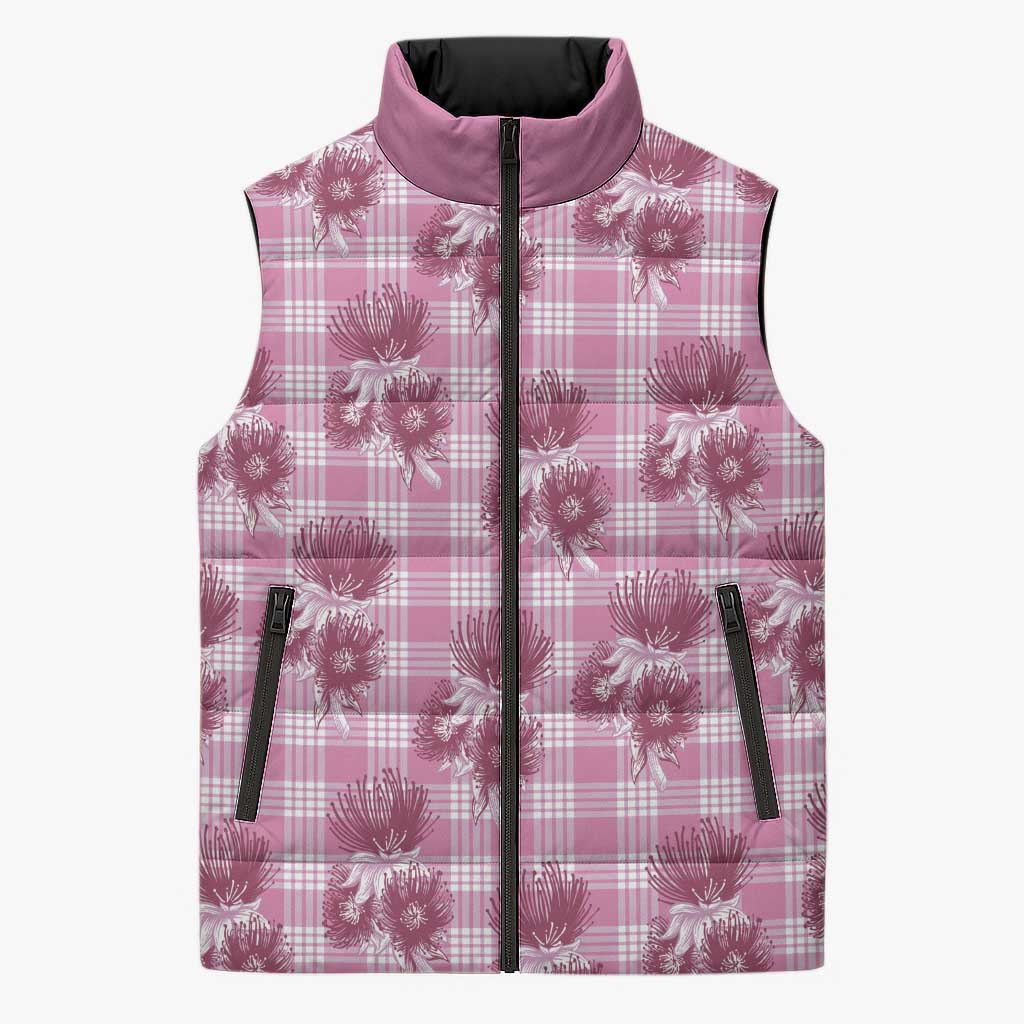 Pink Palaka Hawaii Sleeveless Puffer Jacket Hawaiian Lehua Blossoms