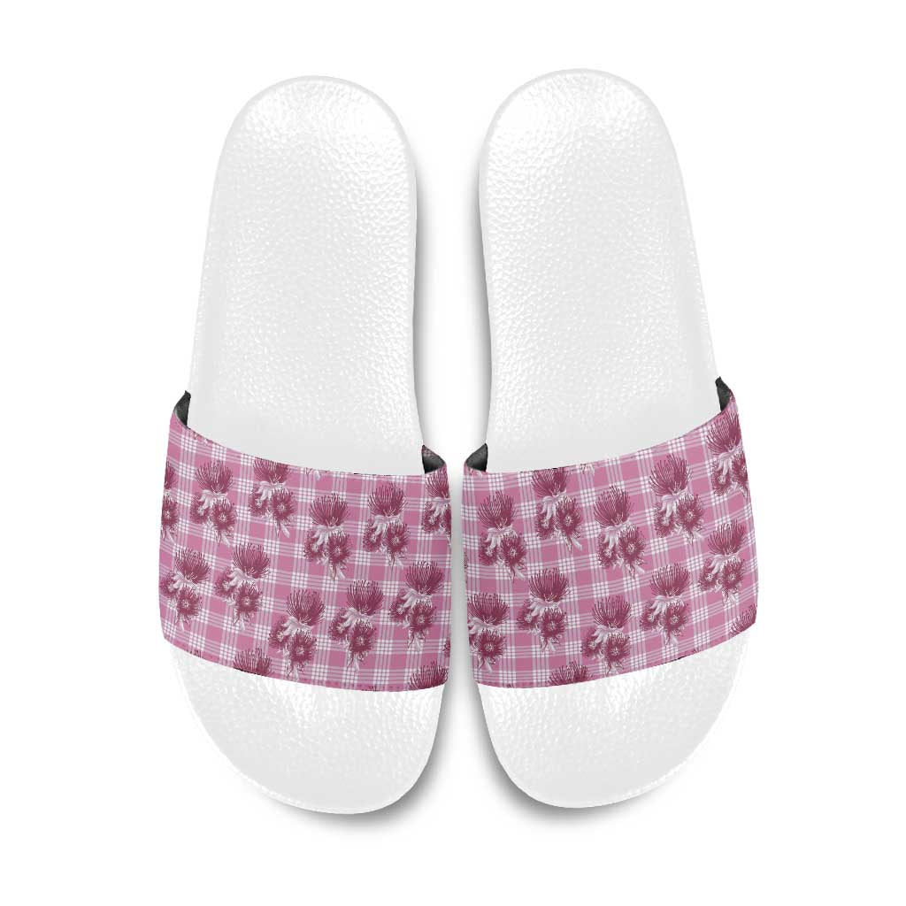 Pink Palaka Hawaii Slide Sandals Hawaiian Lehua Blossoms