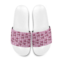Pink Palaka Hawaii Slide Sandals Hawaiian Lehua Blossoms