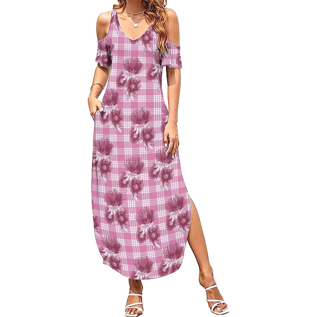 Pink Palaka Hawaii Summer Maxi Dress Hawaiian Lehua Blossoms