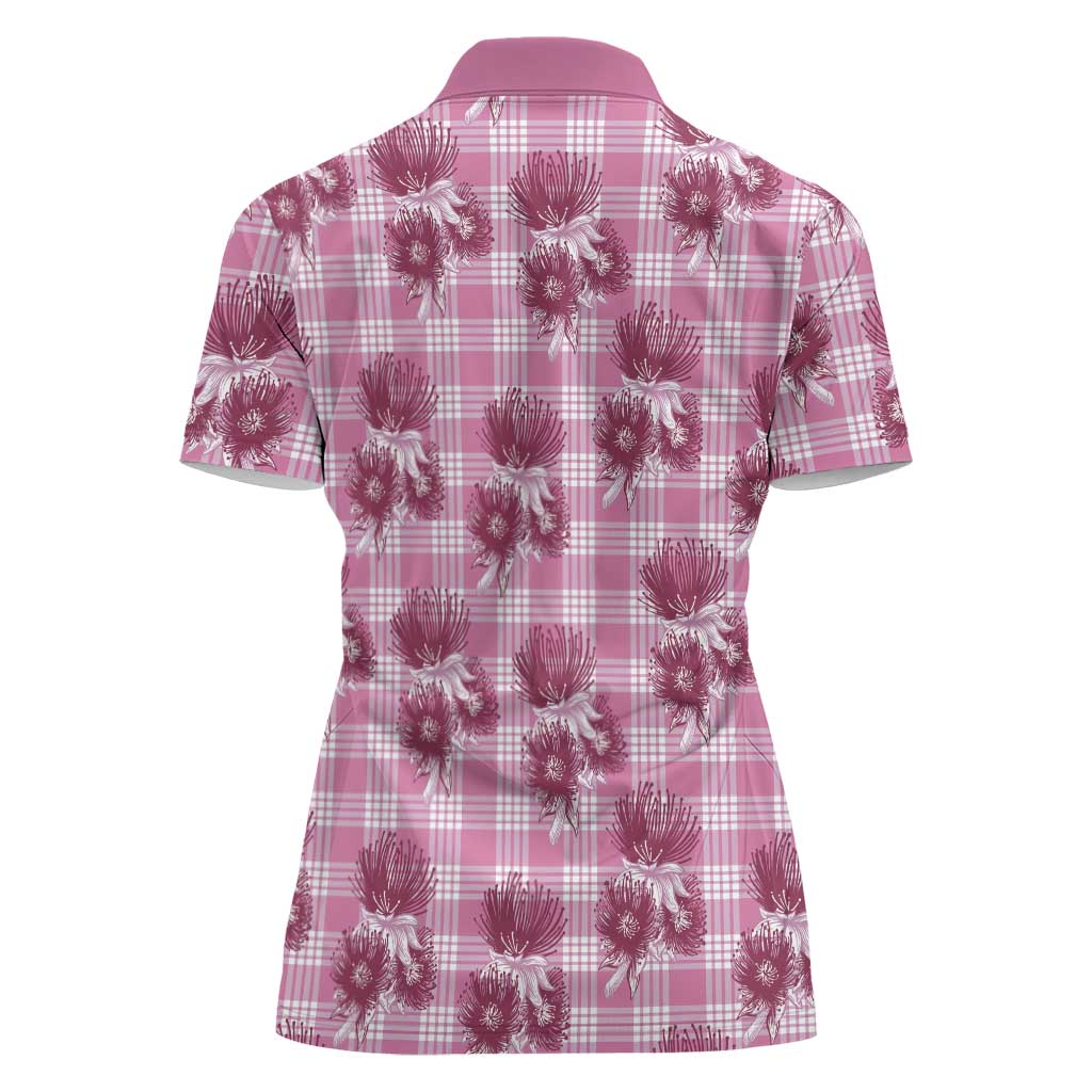Pink Palaka Hawaii Women Polo Shirt Hawaiian Lehua Blossoms