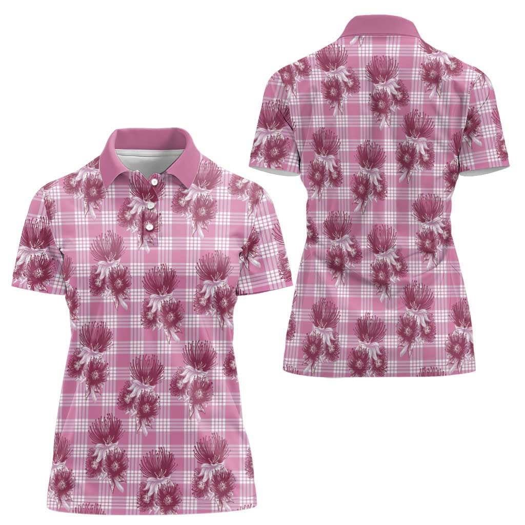 Pink Palaka Hawaii Women Polo Shirt Hawaiian Lehua Blossoms