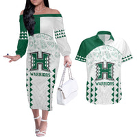 Custom Hawaii Football Couples Matching Off The Shoulder Long Sleeve Dress and Hawaiian Shirt Rainbow Warriors Kakau Pattern LT05 White - Polynesian Pride