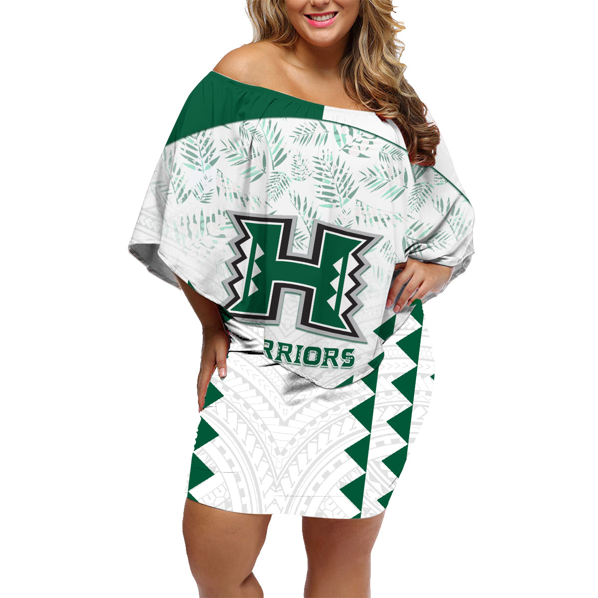 Custom Hawaii Football Family Matching Off Shoulder Short Dress and Hawaiian Shirt Rainbow Warriors Kakau Pattern LT05 Mom's Dress White - Polynesian Pride