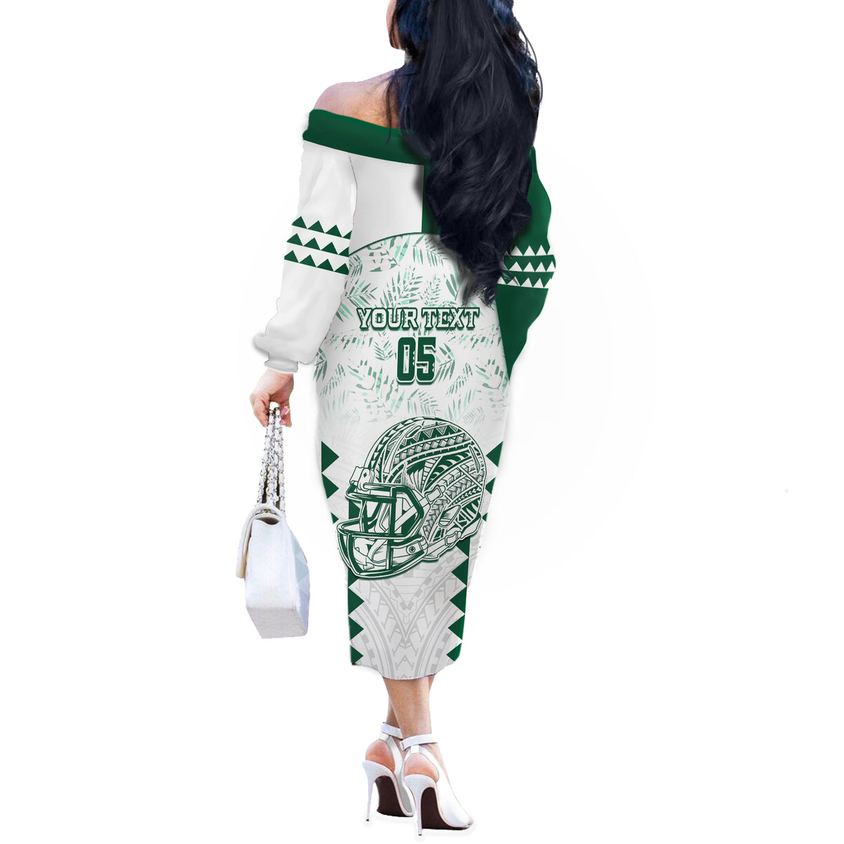 Custom Hawaii Football Off The Shoulder Long Sleeve Dress Rainbow Warriors Kakau Pattern LT05 - Polynesian Pride