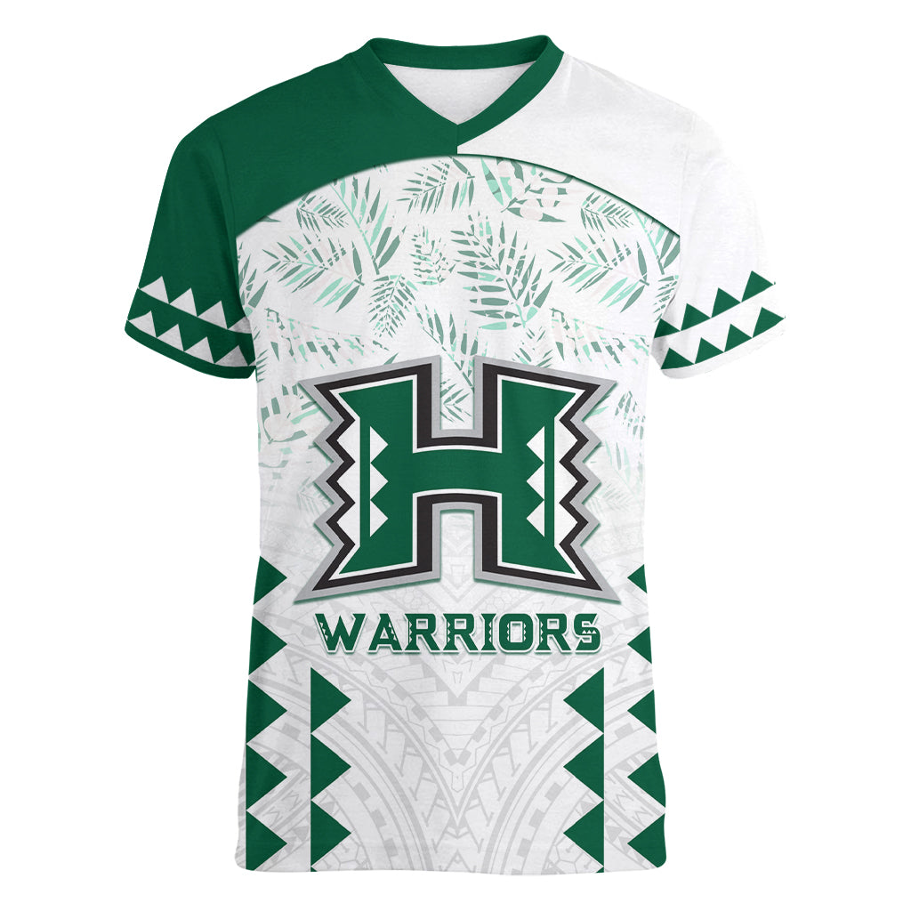 Custom Hawaii Football Women V Neck T Shirt Rainbow Warriors Kakau Pattern LT05 Female White - Polynesian Pride