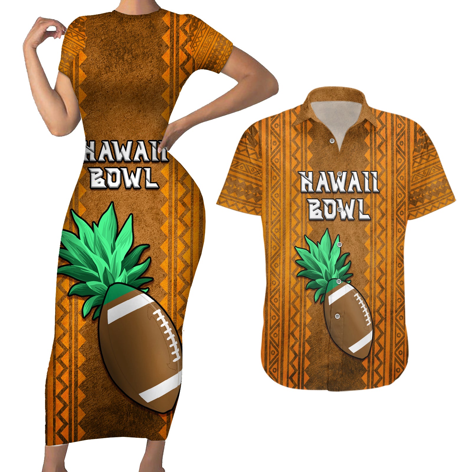 Custom Hawaii Honolulu Football Bowl Couples Matching Short Sleeve Bodycon Dress and Hawaiian Shirt Simple Style LT05 Brown - Polynesian Pride